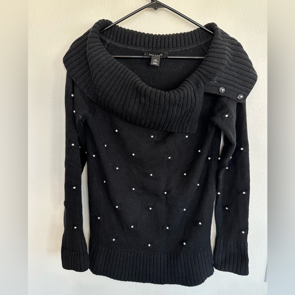 White House Black Market Black Cowl Neck Sweater with Pearl Details